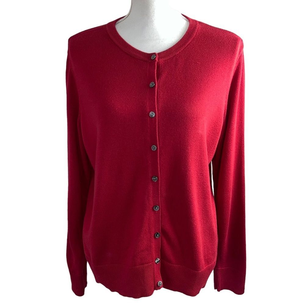 Croft and Barrow Red Button Up Cardigan Sweater Preppy Classic Casual Crew Neck